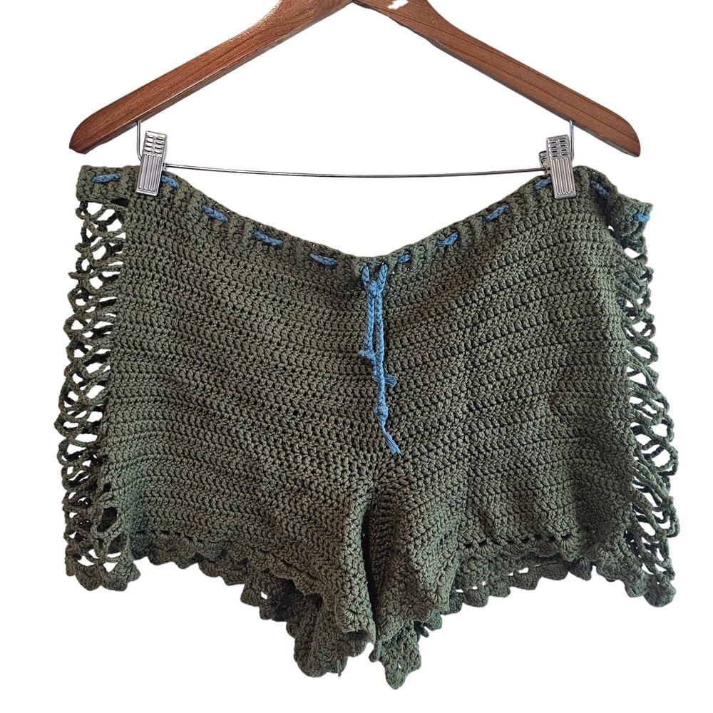 Handmade Crochet Shorts Womens Sz XL Green Knit Lace Boho Indie Fairy Summer